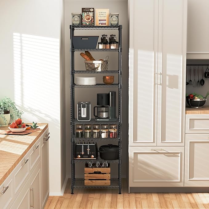 8 Tier 2000 lbs Storage Rack Metal Wire Shelving Unit, Storage Standing Shelf Organizer for Laundry Bathroom Kitchen Pantry Closet Garage Basement Utility Room, Black 13.8" D x 23.6" W x 79.5" H-Ruum Studio Home