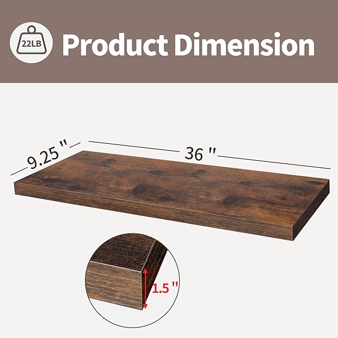 LaVie Home Floating Shelves, 36 Inch Wall Shelf Set of 2, Hanging Shelf with Invisible Brackets, Wall Decor for Bathroom, Bedroom, Living Room, Kitchen Storage, Rustic Brown-Ruum Studio Home