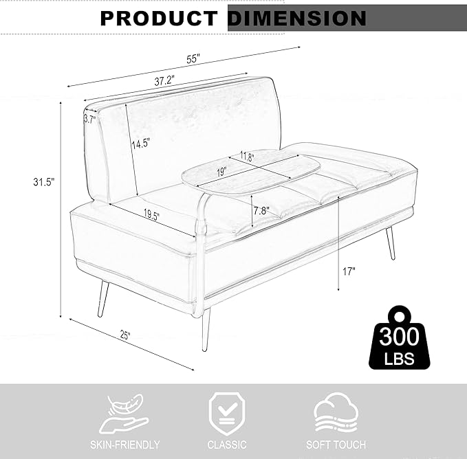 Sofa,Bed Bench,Small Spaces Furniture,Polyurethane Leather,Wood Frame,High Density Sponge Infillings,360-Degree Swivel Tray,Black Metal Leg (Black)-Ruum Studio Home