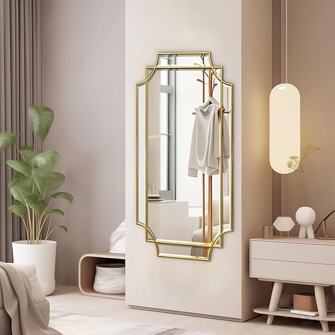 Wall Mirror Full Length, 47" x 24" Gold Framed Full Body Mirror, Scalloped Beveled Polished Decorative Mirrors, Large Rectangle Irregular Wall Mirror for Bathroom/Bedroom/Living Room/Entryway-Ruum Studio Home