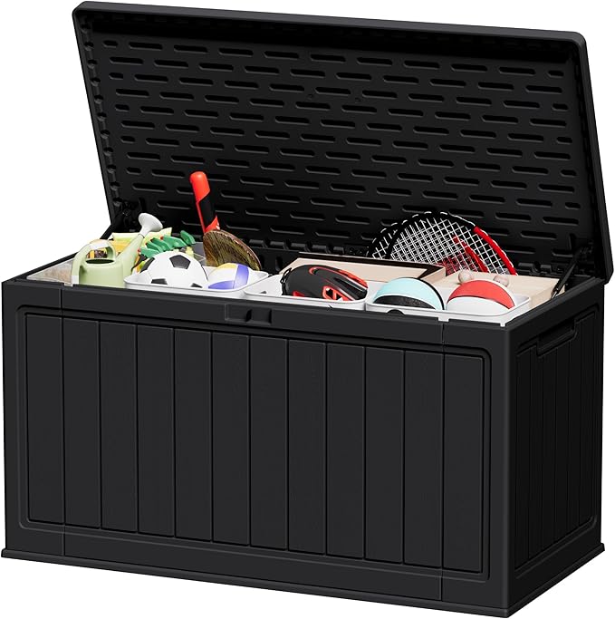 JUMMICO 160 Gallon Resin Outdoor Storage Deck Box with Divider, Waterproof Storage Box&Bench with Lockable Lid for Garden Tools, Pools Supplies (Black)-Ruum Studio Home