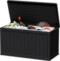 JUMMICO 160 Gallon Resin Outdoor Storage Deck Box with Divider, Waterproof Storage Box&Bench with Lockable Lid for Garden Tools, Pools Supplies (Black)-Ruum Studio Home