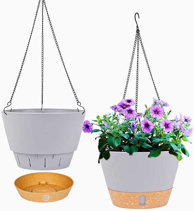 QCQHDU 2 Pack Hanging Planters for Indoor Outdoor Plants, 10 Inch Hanging Baskets Flower Pots with Reservoir Tray & Visible Water-Level-Ruum Studio Home