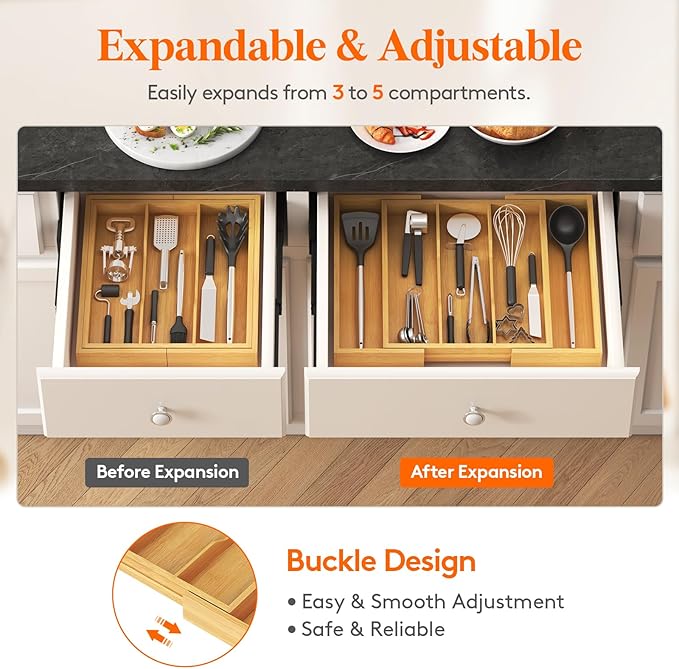 Lifewit Utensil Organizer for Kitchen Drawer, Expandable Cooking Utensil Tray, Bamboo Cutlery Silverware Flatware Holder, Adjustable Spatula Tools and Gadgets Storage Divider, Large, Natural-Ruum Studio Home