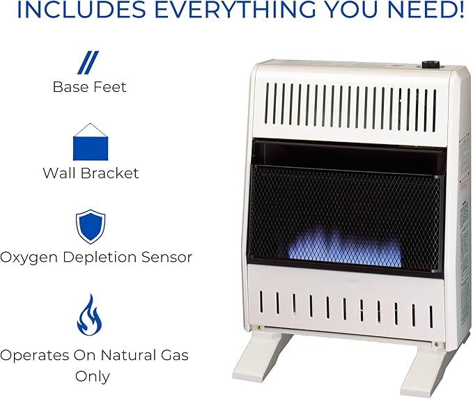 ProCom MN200TBA-B Ventless Natural Gas Blue Flame Space Heater with Thermostat Control for Home and Office Use, 20000 BTU, Heats Up to 950 Sq. Ft., Includes Wall Mount and Base Feet, White-Ruum Studio Home