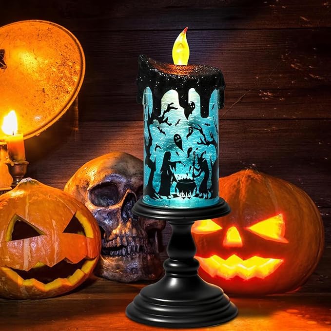 Eldnacele Halloween Snow Globe Flameless Candle with Timer, Battery Operated Spooky Spinning Water Glittering Tornado Lamp LED Candlestick Table Fireplace Witch Decal Halloween Holiday Decoration-Ruum Studio Home