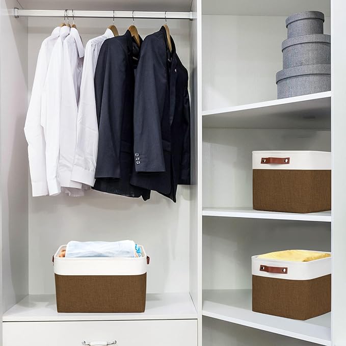 Storage Bins Large Fabric Storage Baskets for Shelves 3 Pack, Decorative Linen Closet Baskets with Handles for Organizing, Shelf, Clothes, Home, Office, 15x11x9.5Inches (Brown&White)-Ruum Studio Home