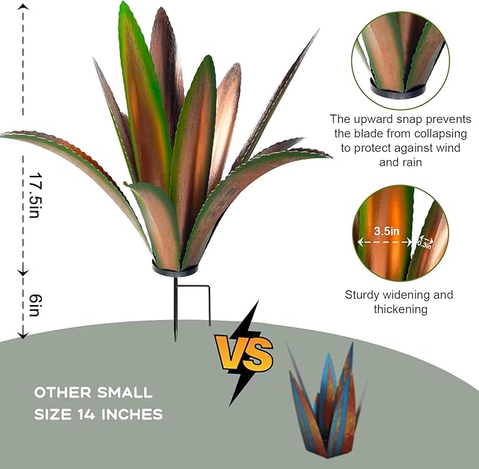 TOMBABY Enlarge thickened Wind Resistant Metal Agave Garden Art Plant Country Sculpture Statue Outdoor decoration Courtyard Lawn Ornament Gift (12 Leaves Green 2 pcs) (TB-410-415)-Ruum Studio Home