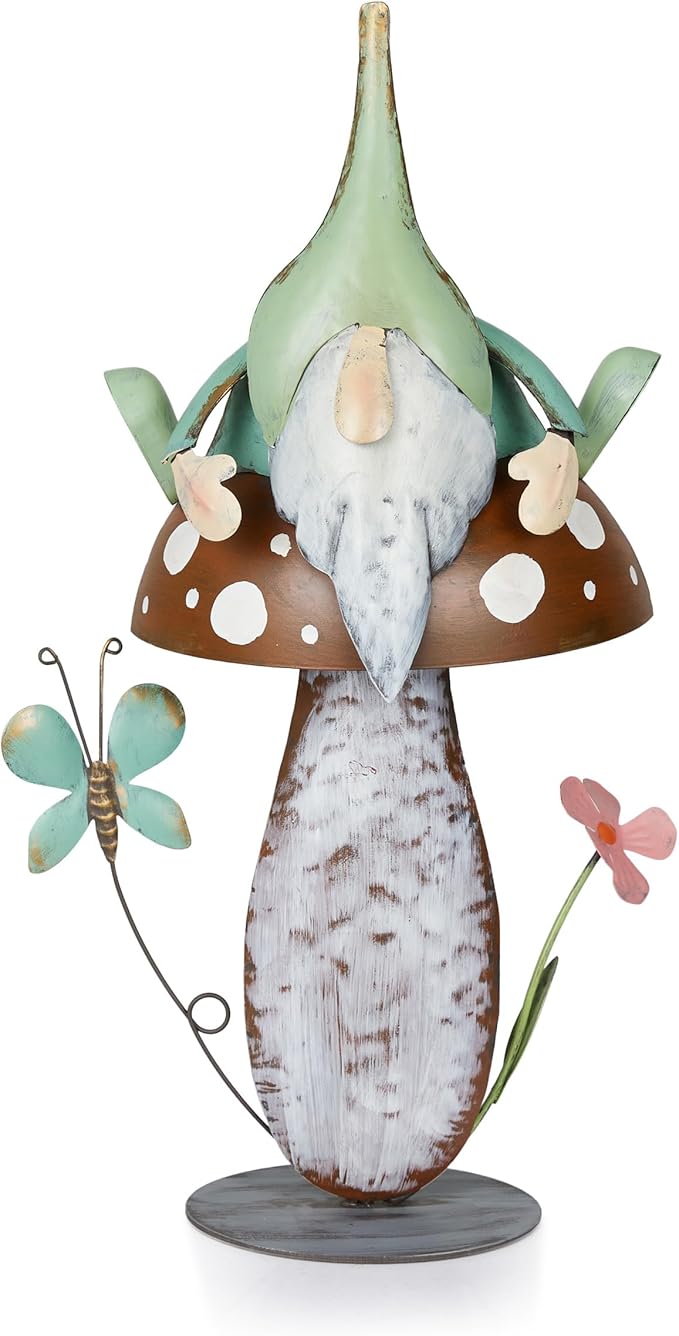 Alpine Corporation - Metal Gnome with Mushroom – 20" Tall Durable Iron Garden Statue, Whimsical Outdoor Décor for Patio, Lawn, Yard (Multicolor)-Ruum Studio Home