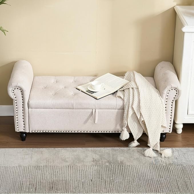 Furniliving 55” End of Bed Bench, Bedroom Bench with Button-Tufted, Large Upholstered Storage Ottoman Entryway Bench with Storage Shoe Cabinet Bench, for Bedroom, Linen, Camel-Ruum Studio Home