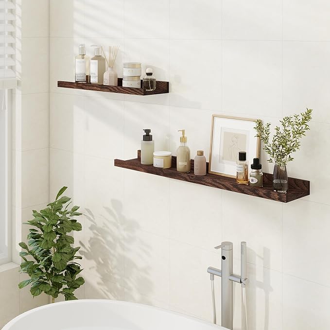 Floating Picture Ledge Shelves 36 Inch Solid Oak Wood Set of 2, Rustic Wall Storage Shelves with Lip, Kids Bookshelf, Photo & Picture Ledge Shelves for Bedroom, Living Room, Kitchen-Ruum Studio Home