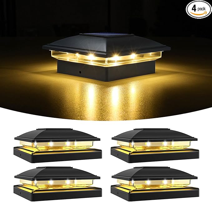 VOLISUN Solar Post Cap Light Outdoor Waterproof 4pack,Solar Fence - Post Lights for 4x4 5x5 6x6 Wooden/Vinyl Post,Black Deck Post Cap Light Solar Powered with Warm White for Garden/Patio/Porch-Ruum Studio Home