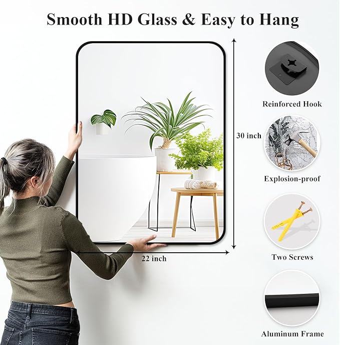 Fabuday Black Wall Mirror for Bathroom Over Sink - 22x30 Matte Metal Framed Rectangle Mirror, Rounded Rectangular Vanity Mirrors for Living Room, Bedroom, Entryway, Hallway, Horizontally/Vertically-Ruum Studio Home