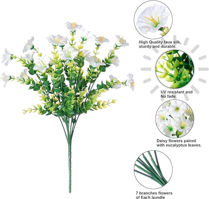 Artificial Flowers for Outdoors Fake Plants Outside Decoration, 12 Bundles Silk White Morning Glory UV Resistant Look Real Faux Flowers for Planter Front Door Porch Patio Yard Gardens Balcony-Ruum Studio Home