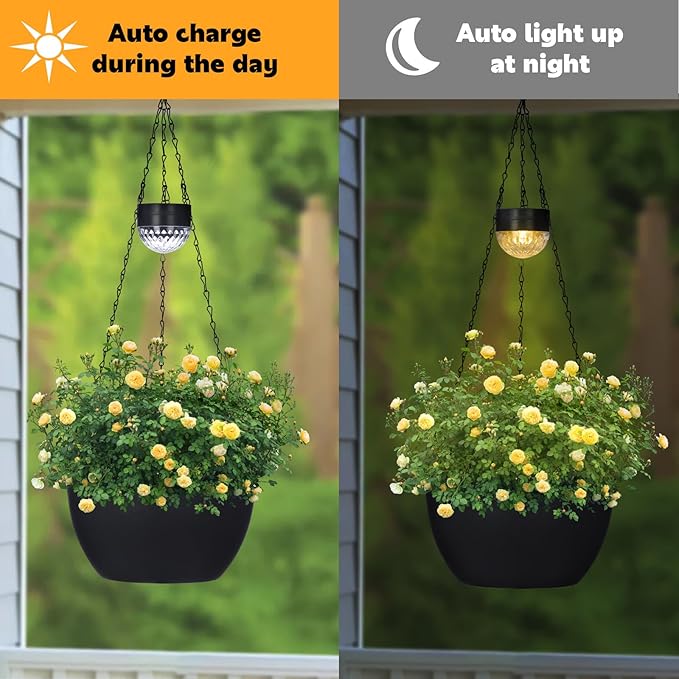 2 Packs Hanging Planters Basket for Outdoor Plants, Solar Powered Self Watering Black Round Plastic Flower Pots with Drainer for Balcony Patio Garden Outdoor Decoration-Ruum Studio Home