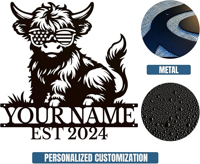 Personalized Highland Cow Name metal Signs,Custom Highland Cow Metal Shed Wall Decor,Black Metal Wall Art Plaques Outdoor wall Decorative Signage (Style C)-Ruum Studio Home