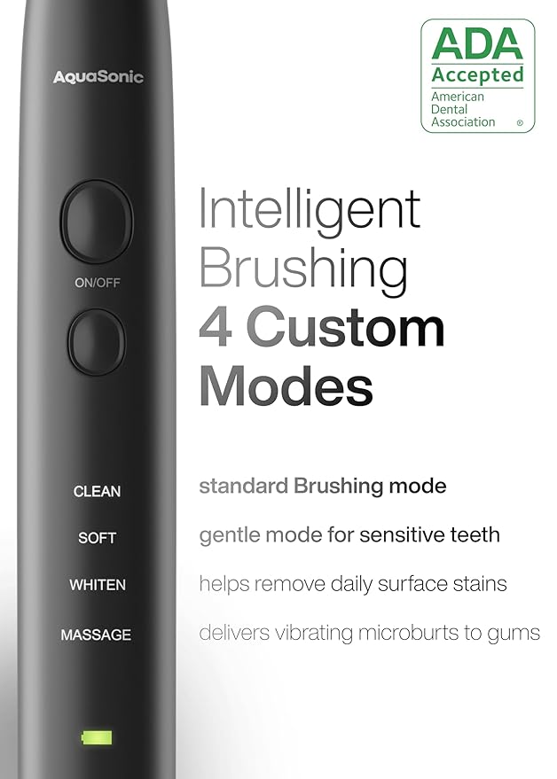 Aquasonic Black Series Ultra Whitening Toothbrush – ADA Accepted Electric Toothbrush- 8 Brush Heads & Travel Case – 40,000 VPM Electric Motor & Wireless Charging - 4 Modes w Smart Timer-Ruum Studio Home