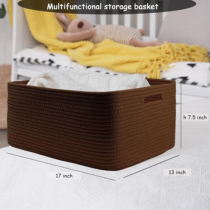 COMFY-HOMI Cotton Rope Woven Basket with Handles for Shelves,Toys,Book, Cloth Storage Baskets for Organizing-17" x 13" x 7.5" Toy Decorative Organizer for Living Room, Bathroom （dark brown）-Ruum Studio Home