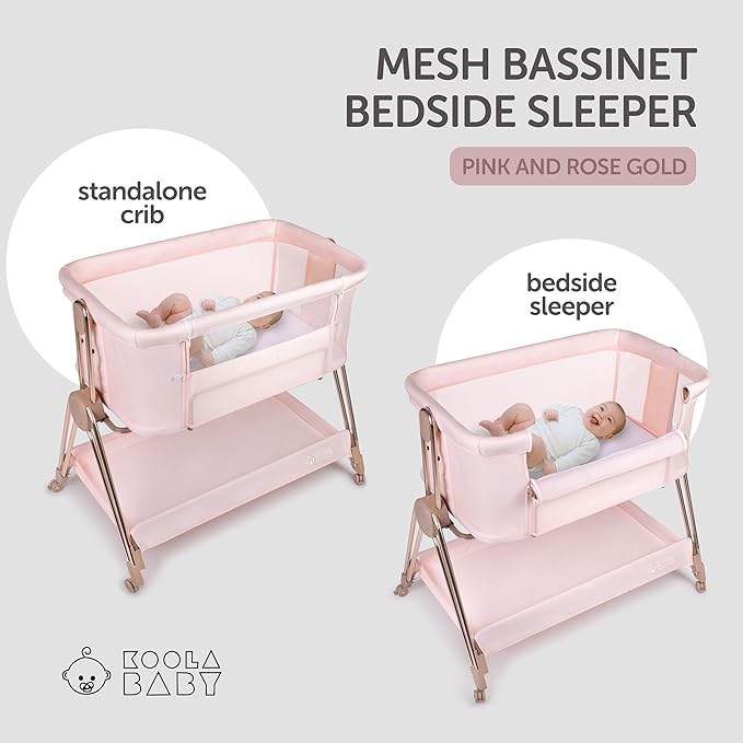 Baby Bedside Sleeper - Bassinet & Bedside Crib with Height Adjustment & Wheels - Can Be Placed Next to Bed - Attaches to Parents Bed - Easy to Fold & Carry Bassinet for Girls (Pink)-Ruum Studio Home