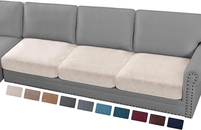 PrinceDeco Sectional Couch Cushion Covers 3 Pieces Velvet Separate Couch Cover Extra Large Stretch Sofa Slipcover Washable Furniture Protector for Sectional Sofa(Each Width Up to 40", Ivory)-Ruum Studio Home