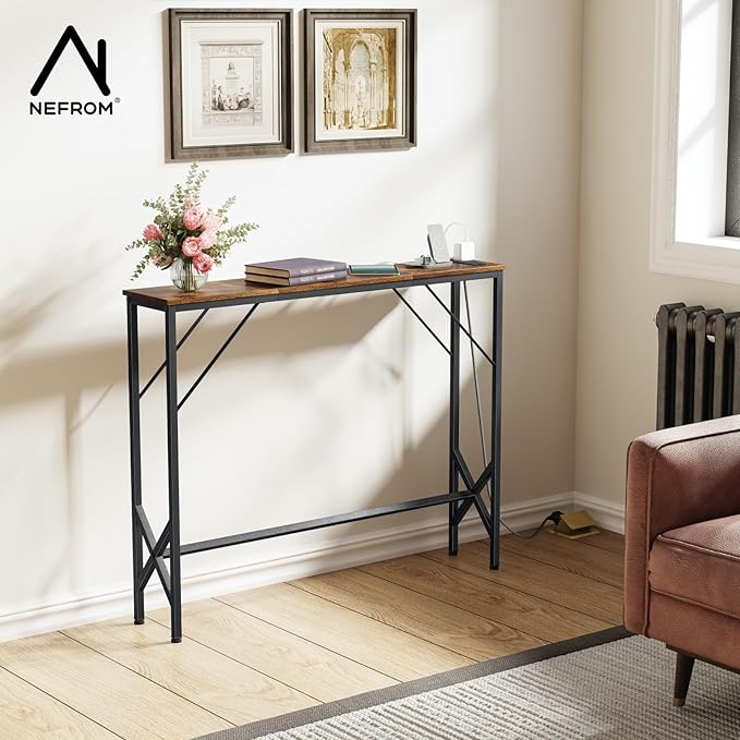 39.4" Console Table, Skinny Entryway Table with Fast-Charging Station, Narrow Long Sofa Table, Behind Slim Couch Table for Entrance, Hallway, Living Room Decor ST-BR100-1-Ruum Studio Home
