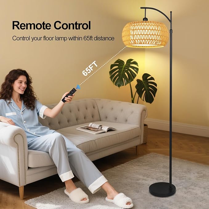 Arc Floor Lamps for Living Room Rattan Boho Floor Lamp with Remote Control,Dimmable LED Floor Lamp Wicker Lamp Shades Black Standing Lamp with 3 Color Temperature Tall Floor Lamps For Bedroom Corner-Ruum Studio Home