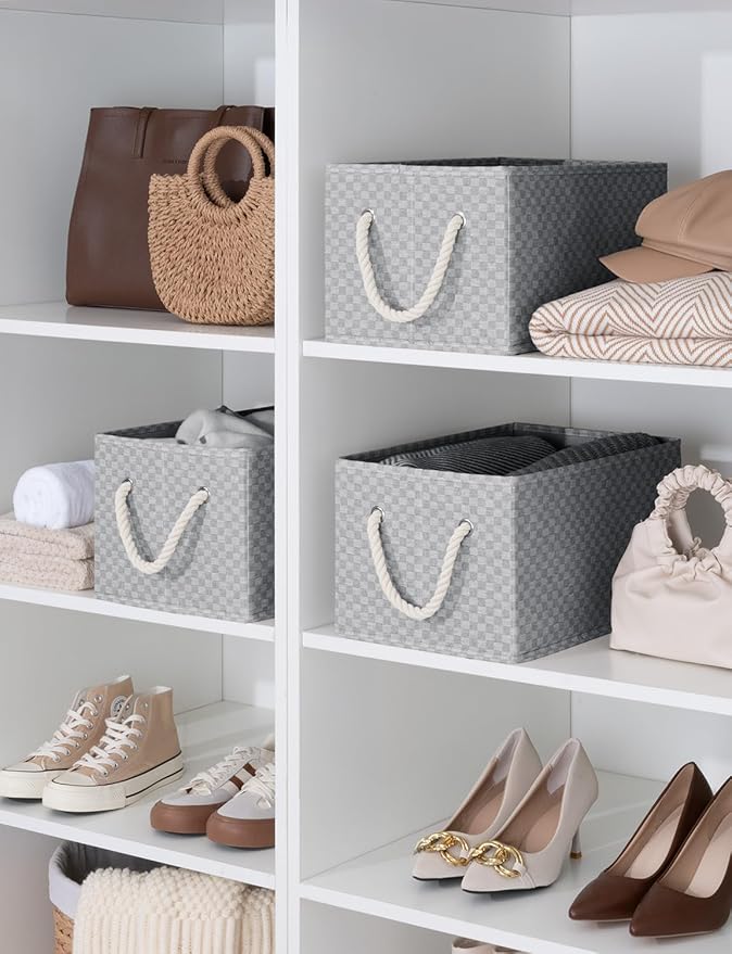StorageWorks Storage Baskets for Shelves, Foldable Fabric Closet Storage Bins with Handles, Fabric Storage Bins Clothes Organizer, Gray Check, 3-Pack, Large-Ruum Studio Home