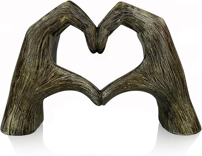 Top Brass Large Rustic Heart Hands Sculpture, 9 3/4” Resin Love Statue – Romantic Decor Accent for Shelf or Mantel – Perfect for Wedding, Valentine's Day or Anniversary (Rustic Wood Grain)-Ruum Studio Home