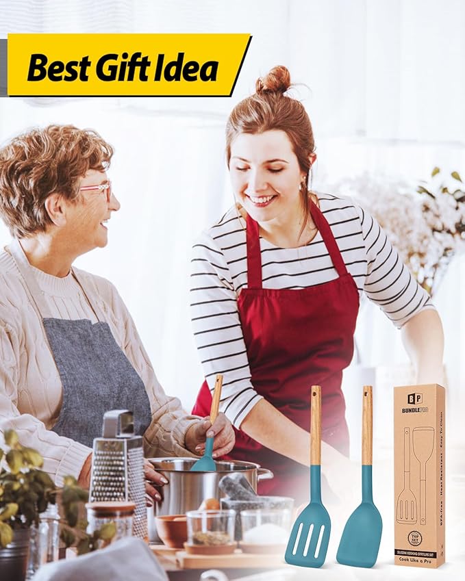 Pack of 2 Silicone Cooking Spatula, Heat Resistant Solid Turner, Non Stick Slotted Spatulas with Wooden Short Handle,Ideal Wood Kitchen Utensils Set for Frying, Baking, Flipping, Turning-Ruum Studio Home