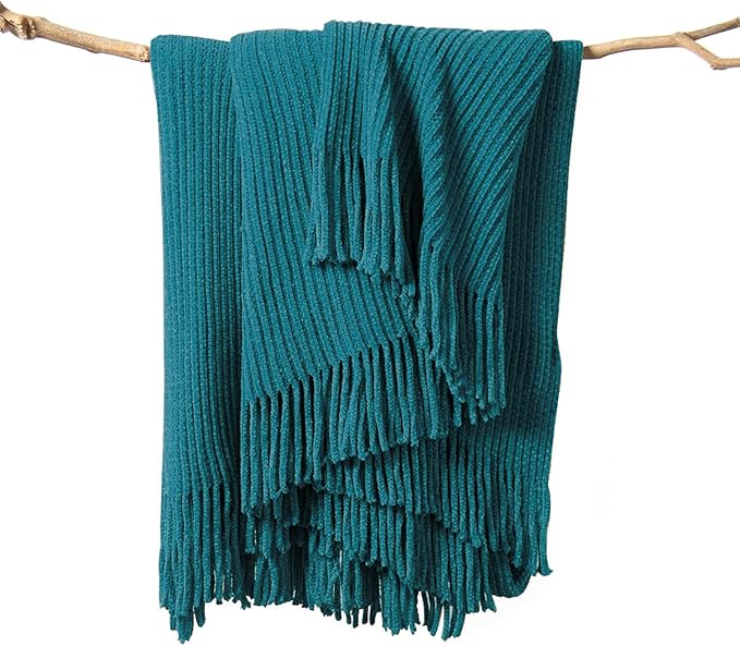lifein Throw Blanket for Couch, Soft Boho Decor Bed Throw,Cozy Teal Knitted Chenille Small Farmhouse Lightweight Throw for Spring(Teal,50 * 60")-Ruum Studio Home