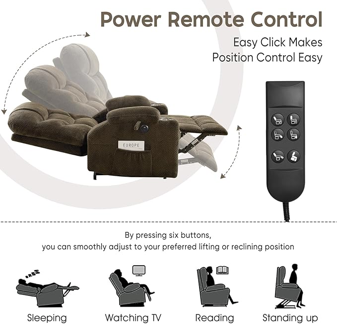 Oversized Dual Motor Lay Flat Power Lift Recliner Chair with Massage, Heating, Lumbar Pillow, USB & Type-C Ports, Textile Lift Chairs Recliners, Large Recliner for Big & Elderly People - Brown-Ruum Studio Home