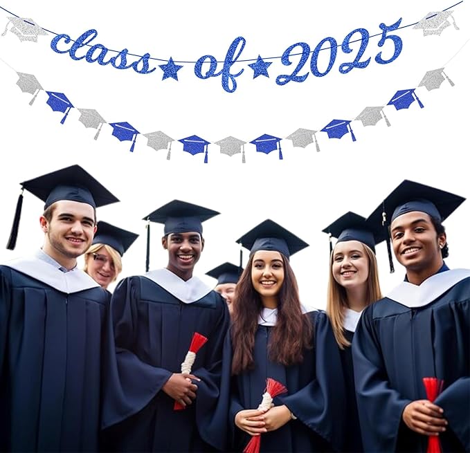 Navy-Blue White-Silver Party-Decoration Graduation Banner - 14pcs Kits Cap Garland Streamers, Royal Paper Tissue Pom Poms Flowers Fans Honeycomb,Class Of 2025 College High School Grad Decor Hugfond-Ruum Studio Home