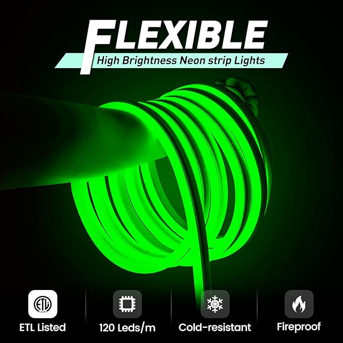 GZBtech Flexible LED Neon Rope Lights 66FT,AC 110-120V Waterproof Strip Light, 120 LEDs/M Cuttable Connectable Neon Lighting for Indoor Outdoor Home Decor/Commercial Building Use-Green 20M-Ruum Studio Home