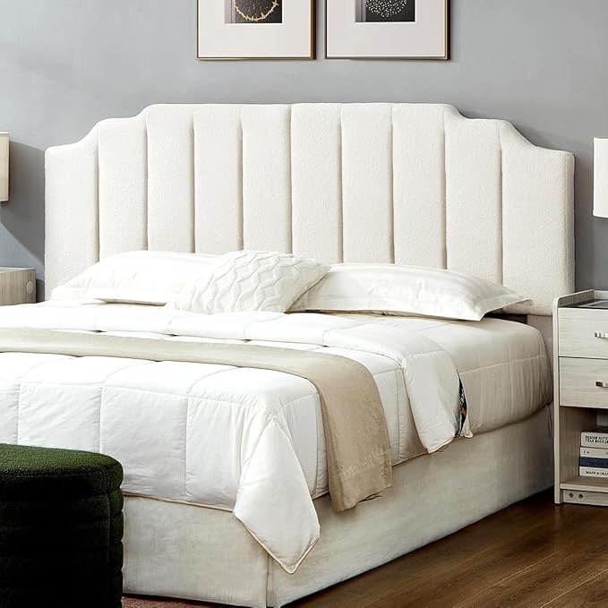 24KF White Teddy Fabric Tufted King Upholstered Headboard, Modern Vertical Channel Design California King Headboard with Stepped Silhouette Top Edge,6026-K-Teddy White-Ruum Studio Home
