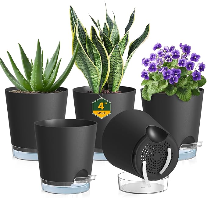 4 inch Self Watering Pots for Indoor Plants, 5 Pack Small Flower Plant Pots with Drainage Holes and Clear Reservoirs, Visible Water Level, Plastic Planters with Wicking Rope, Black-Ruum Studio Home