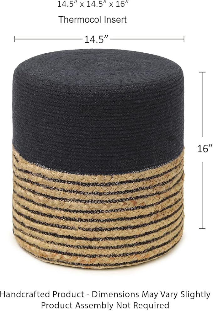REDEARTH · Cylindrical Pouf Ottoman - Braided Pouffe Accent Sitting Round Footrest for Living Room, Bedroom, Nursery, kidsroom, Patio ; 70% Cotton 30% Jute, Set of 2 (14.5x14.5x16; Black Natural)-Ruum Studio Home