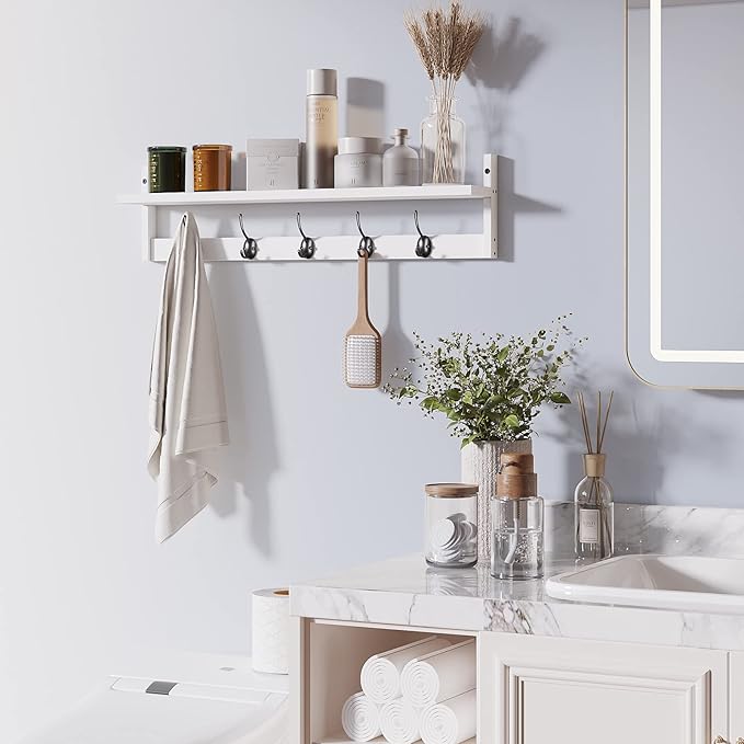 BAMEOS Wall-Mounted Wood Shelf with 5 Dual Hooks for Bathroom, Living Room, Bedroom (White-with Shelf)-Ruum Studio Home