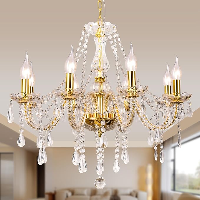 Modern Elegant 8 Lights K9 Crystal Glass Chandelier Golden Pendant Ceiling Lighting European Style for Dining Living Room Bedroom Transparent, 8 E12 Bulbs Required-Ruum Studio Home