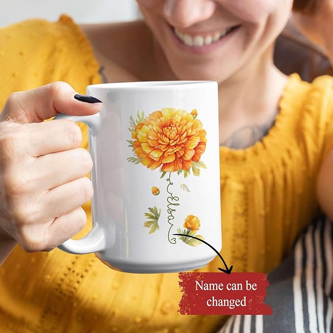 Unique Marigold Themed Ceramic Mug, Personalized Name Flower Accent Cup, Lovely Floral Coffee Mug 11oz 15oz, Custom Ceramic Mug For Flower Lover, Customized Marigold Decorative Cup-Ruum Studio Home