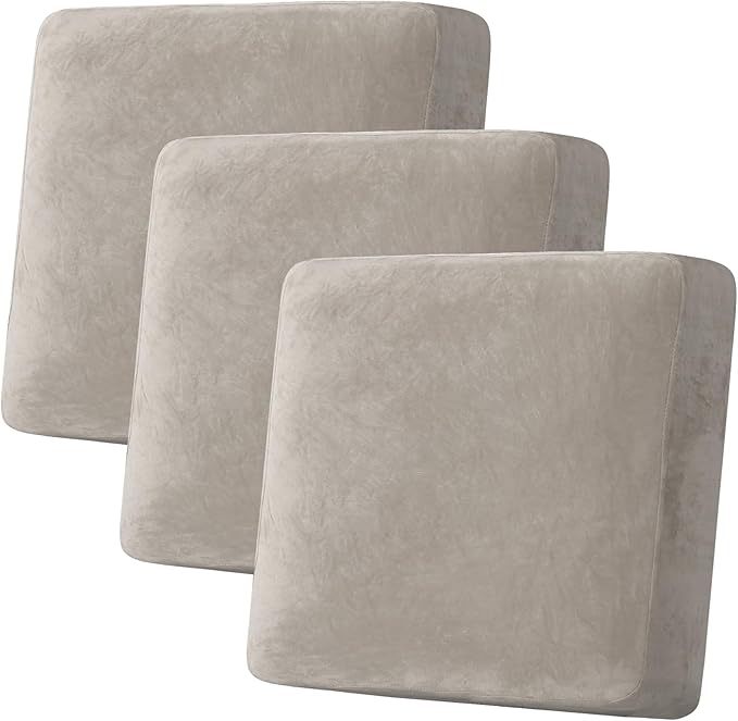 H.VERSAILTEX Velvet Stretch Couch Cushion Cover Plush Cushion Slipcover for Chair Loveseat Sofa Cushion Furniture Protector Seat Cushion Sofa Cover (3 Piece XL Sofa Cushion Covers, Oatmeal)-Ruum Studio Home