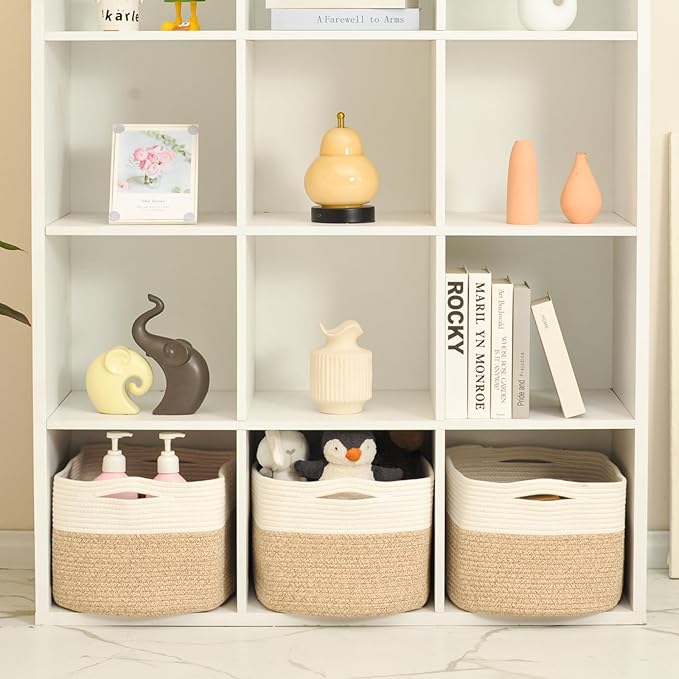 Large Storage Baskets for Organizing Shelves, Woven Cotton Rope Bins for Baby Nursery Organization, Book Toy Towel Organizer, 17"x13"x9.5", 3 Packs, Off White & Brown-Ruum Studio Home