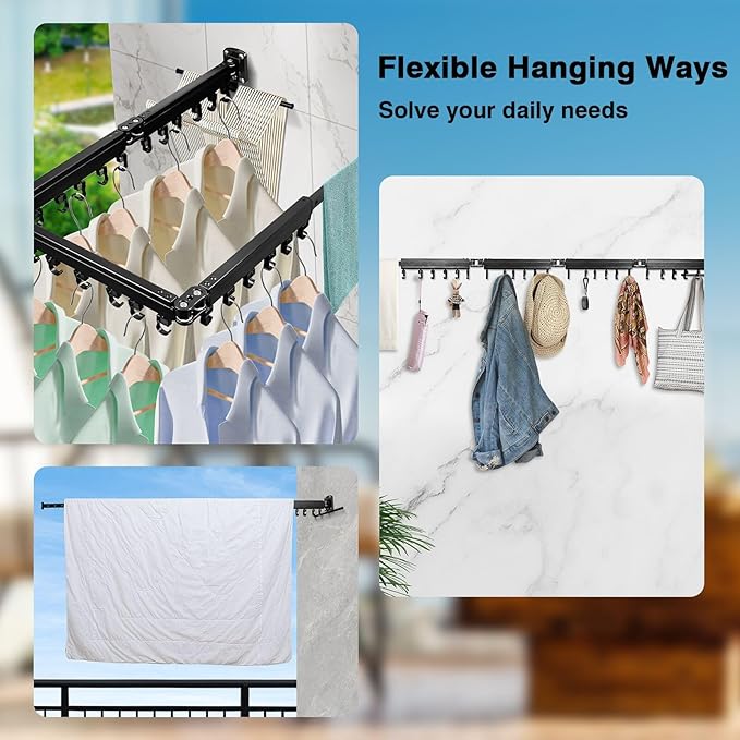 Gezen Clothes Drying Rack, Wall Mounted Drying Rack Clothing Retractable, Foldable Clothes Hanger Rack with 24 Hooks for Laundry Room Organization and Storage, Space Saving, Collapsible, Quad-Fold-Ruum Studio Home