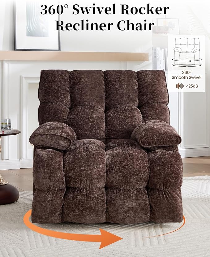 Oversized Recliner Chair Manual Swivel Rocker Recliner for Living Room Chenille Overstuffed Nursery Reclining Sofa Chair Rocking Recliners for Adults 400lbs (Manual, Brown)-Ruum Studio Home