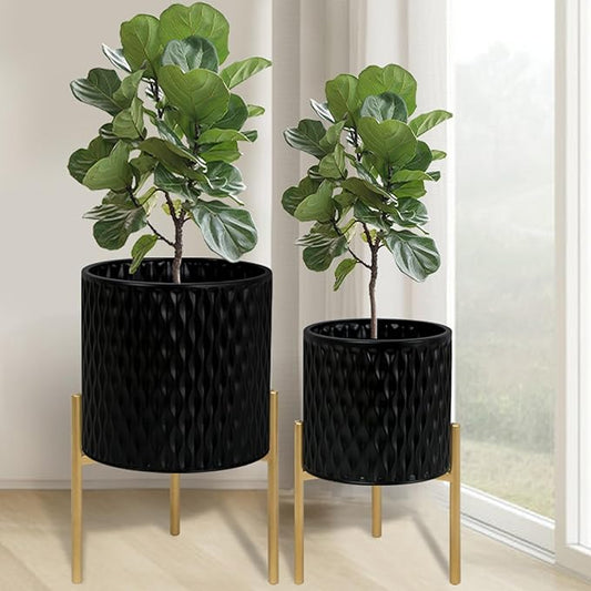 ARNIS Plants Pots with Stand, Set of 2 Planters, Unique Mid Century Decorative Metal Flower Pots with Drainage, 8.25 & 10.5 Inch, Black-Ruum Studio Home