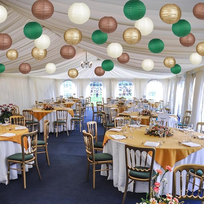 Paper Lanterns Green Brown Gold Round Hanging Chinese Lanterns for Birthday Party Gender Neutral Woodland Baby Shower Decorations Pack of 12-Ruum Studio Home