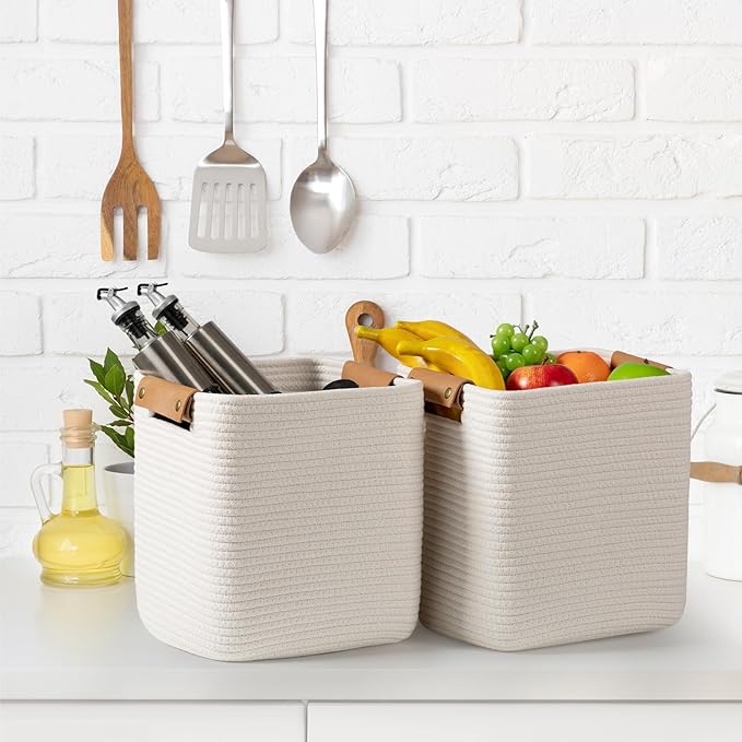 danpinera Set of 3 11 Inch Storage Baskets, Cube Storage Bins, White Woven Baskets with Stable Leather Handles, Square Cotton Rope Bins for any Room, Easy to Recover-Ruum Studio Home