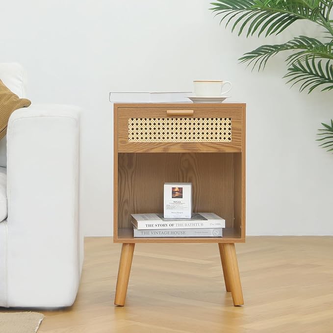 Mid Century Modern Nightstand, Rattan Bedside Table with Drawer and Open Shelf, Wood Nightstand Modern Side Table for Living Room, Bedroom and Small Space, Brown-Ruum Studio Home
