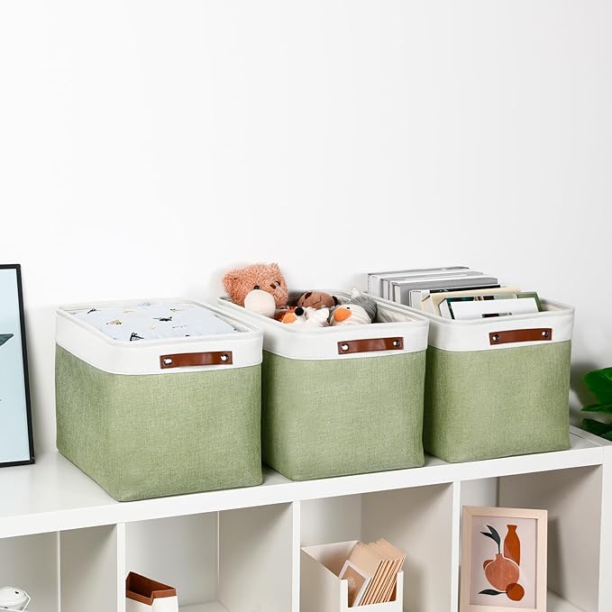 DULLEMELO 16 inch Fabric Storage Basket, Decorative Storage Boxes with Leather Handle for Closet Shelf Nursery, Collapsible Linen Storage Bins for Organizing Toys Book Towel Organizers(White&Green)-Ruum Studio Home