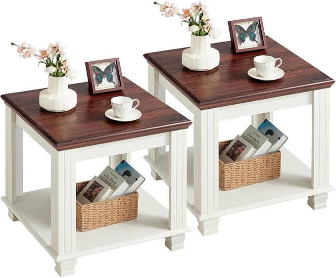 Farmhouse End Table Set of 2,Large Side Table with 2-Tier Storage Shelf,Rustic Wood End Tables for Living Room,Square Tea Table,White-Ruum Studio Home