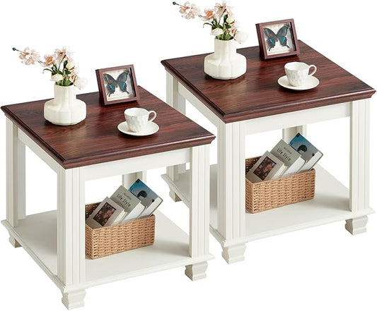 Farmhouse End Table Set of 2,Large Side Table with 2-Tier Storage Shelf,Rustic Wood End Tables for Living Room,Square Tea Table,White-Ruum Studio Home